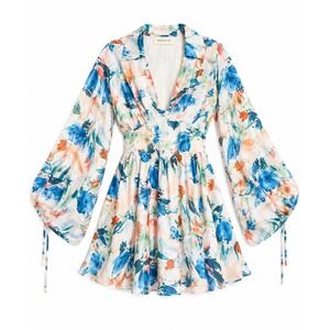 Rosevelvet Floral Watercolor Mini Dress Open Back Bishop Sleeve Blue Orange S NW